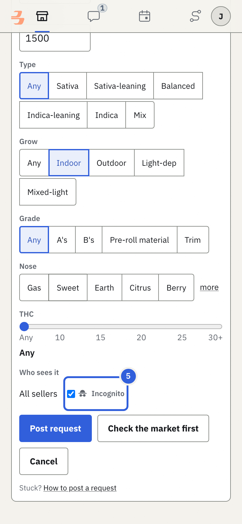 Incognito is ticked to start with: sellers see “a verified buyer” instead of your name, and a seller learns who you are only when they quote. Untick it to post under your name.